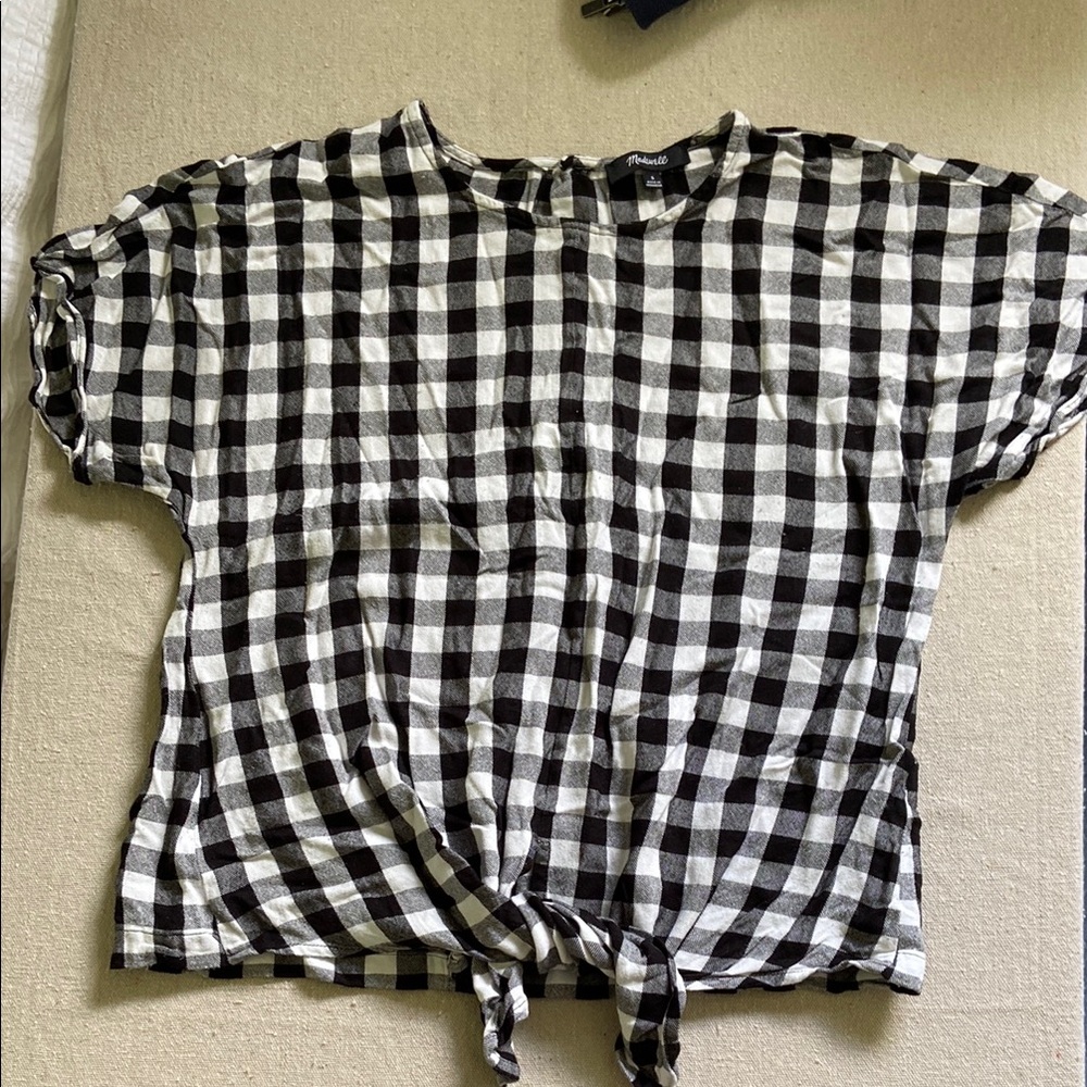 Madewell Black and White Boxy Tie Front Blouse